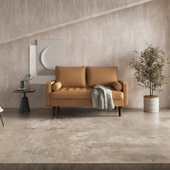 Loveseat, Brown Faux Leather, Eucalyptus Wood Frame, Tapered Legs