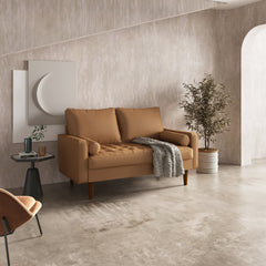 Loveseat, Brown Faux Leather, Eucalyptus Wood Frame, Tapered Legs