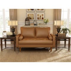 Loveseat, Brown Faux Leather, Eucalyptus Wood Frame, Tapered Legs