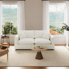 Loveseat, Cream Linen Blend, Square Arms, Black Legs
