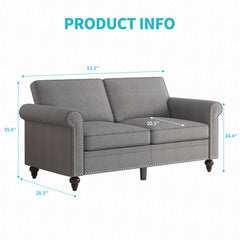 Loveseat, Gray Linen Fabric, Solid Wood Frame, Brown Legs