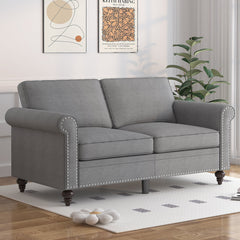 Loveseat, Gray Linen Fabric, Solid Wood Frame, Brown Legs