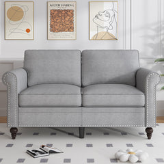 Loveseat, Gray Linen Fabric, Solid Wood Frame, Brown Legs