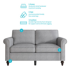 Loveseat, Gray Linen Fabric, Solid Wood Frame, Brown Legs
