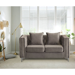 Loveseat, Gray Velvet, Tufted Back, Nailhead Trim, Metal Legs