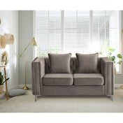 Loveseat, Gray Velvet, Tufted Back, Nailhead Trim, Metal Legs