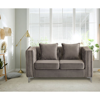 Loveseat, Gray Velvet, Tufted Back, Nailhead Trim, Metal Legs