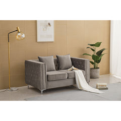 Loveseat, Gray Velvet, Tufted Back, Nailhead Trim, Metal Legs