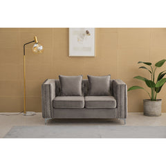 Loveseat, Gray Velvet, Tufted Back, Nailhead Trim, Metal Legs