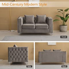 Loveseat, Gray Velvet, Tufted Back, Nailhead Trim, Metal Legs