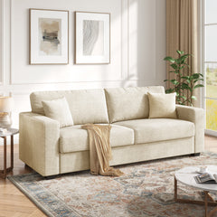 Loveseat in Apricot Chenille with Square Arms and Two Toss Pillows