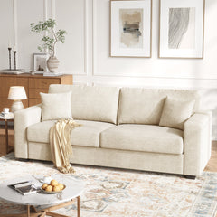 Loveseat in Apricot Chenille with Square Arms and Two Toss Pillows