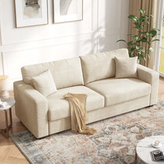 Loveseat in Apricot Chenille with Square Arms and Two Toss Pillows