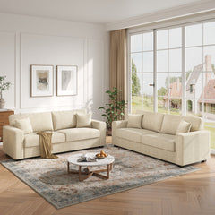 Loveseat in Apricot Chenille with Square Arms and Two Toss Pillows