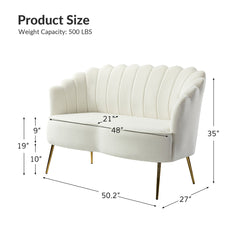 Loveseat, Ivory Velvet, Channel-Tufted Back, Gold Metal Legs
