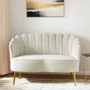 Loveseat, Ivory Velvet, Channel-Tufted Back, Gold Metal Legs