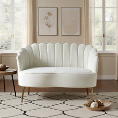 Loveseat, Ivory Velvet, Channel-Tufted Back, Gold Metal Legs