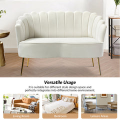 Loveseat, Ivory Velvet, Channel-Tufted Back, Gold Metal Legs