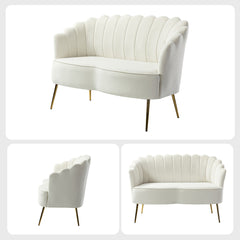 Loveseat, Ivory Velvet, Channel-Tufted Back, Gold Metal Legs
