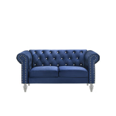 Loveseat, Royal Blue Velvet, Tufted Chesterfield Style, Silver Legs