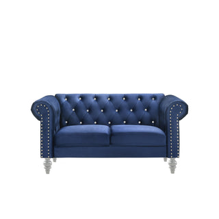 Loveseat, Royal Blue Velvet, Tufted Chesterfield Style, Silver Legs