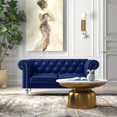 Loveseat, Royal Blue Velvet, Tufted Chesterfield Style, Silver Legs