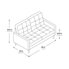 Loveseat, Tufted Smoke Polyester, Square Arms, Solid Wood Legs