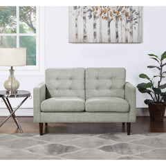 Loveseat, Tufted Smoke Polyester, Square Arms, Solid Wood Legs