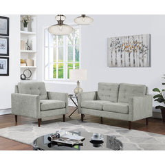 Loveseat, Tufted Smoke Polyester, Square Arms, Solid Wood Legs