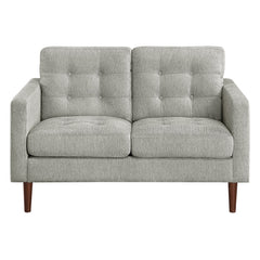 Loveseat, Tufted Smoke Polyester, Square Arms, Solid Wood Legs