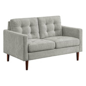 Loveseat, Tufted Smoke Polyester, Square Arms, Solid Wood Legs