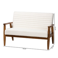 Loveseat, White Boucle, Channel-Tufted Back, Rubberwood Legs