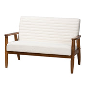 Loveseat, White Boucle, Channel-Tufted Back, Rubberwood Legs