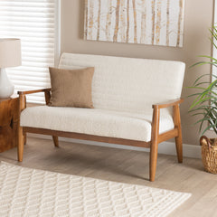 Loveseat, White Boucle, Channel-Tufted Back, Rubberwood Legs