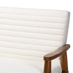 Loveseat, White Boucle, Channel-Tufted Back, Rubberwood Legs