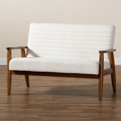 Loveseat, White Boucle, Channel-Tufted Back, Rubberwood Legs