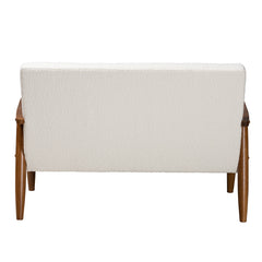 Loveseat, White Boucle, Channel-Tufted Back, Rubberwood Legs