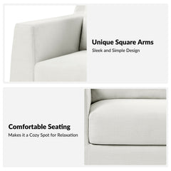 Loveseat, White Polyester, Square Arms, Wood Legs
