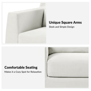 Loveseat, White Polyester, Square Arms, Wood Legs