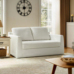 Loveseat, White Polyester, Square Arms, Wood Legs