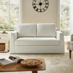 Loveseat, White Polyester, Square Arms, Wood Legs