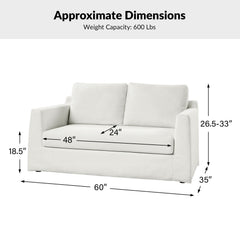 Loveseat, White Polyester, Square Arms, Wood Legs