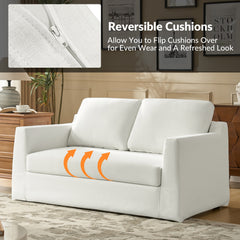 Loveseat, White Polyester, Square Arms, Wood Legs