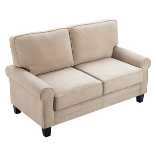 Loveseat with Hidden Seat Storage and Rolled Arms in Soft Beige Microfiber