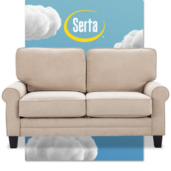 Loveseat with Hidden Seat Storage and Rolled Arms in Soft Beige Microfiber