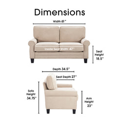 Loveseat with Hidden Seat Storage and Rolled Arms in Soft Beige Microfiber