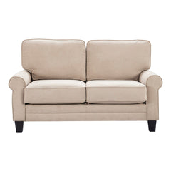 Loveseat with Hidden Seat Storage and Rolled Arms in Soft Beige Microfiber