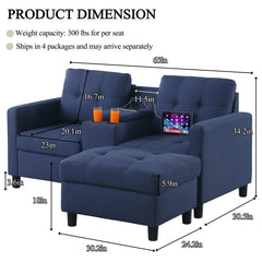 Loveseat with Ottoman, Blue Polyester Linen Blend, Black Legs