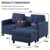 Loveseat with Ottoman, Blue Polyester Linen Blend, Black Legs