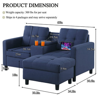 Loveseat with Ottoman, Blue Polyester Linen Blend, Black Legs